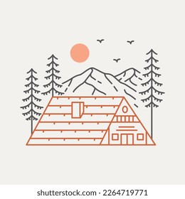 Overnight in the Middle Mountain Forest Cottage Monoline Design Illustration for Apparel
