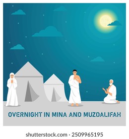 Noche en Mina y Muzdalifah. Los peregrinos del Hajj partirán en Mina y Muzdalifah después del wukuf en Arafah. Concepto islámico del Hajj. Ilustración vectorial plana.