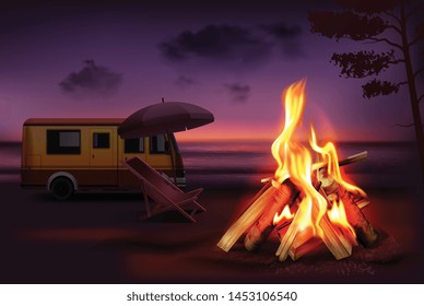 Overnight in nature realistic background with burning campfire van and items for rest vector illustration 