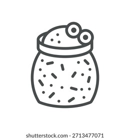 Icono de avena durante la noche. Ilustración de línea delgada de un frasco lleno de avena y frutas, que simboliza un desayuno saludable, una comida rica en fibra y un conveniente refrigerio para preparar con anticipación. Signo de Vector de contorno aislado.
