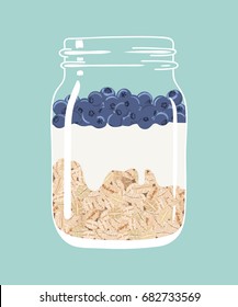 Overnight Oats With Fresh Blueberries And Yogurt In Glass Vintage Mason Jar. Healthy Natural Delicious Breakfast. Portion Of Oat Flakes With Berries In A Jar. Vector Hand Drawn Illustration.