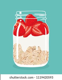 Overnight Oats With Fresh Red Strawberries And Yogurt In Glass Vintage Mason Jar. Healthy Natural Delicious Breakfast. Portion Of Oat Flakes With Berries In A Jar. Vector Hand Drawn Illustration.