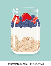 Overnight oats with fresh strawberries, blueberries and yogurt in glass vintage mason jar. Healthy natural delicious breakfast. Portion of oats with berries in a jar. Vector hand drawn illustration