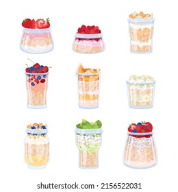 Overnight oats muesli pudding recipes flat set with nine isolated icons of porridge cocktails in glasses vector illustration