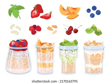 Overnight oats muesli pudding recipes flat set with isolated icons of toppings and glasses with porridge vector illustration