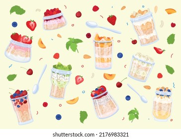 Overnight oats muesli pudding recipes flat background with isolated cocktail glasses topping pieces spoons and fruits vector illustration