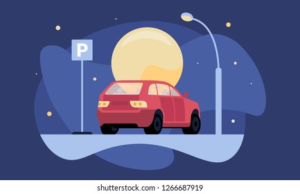 Overnight parking vector illustration with red car near parking sign by moonlight and lantern for web and printing. Coral minivan parked correctly due to rules overnight in the street parking place.