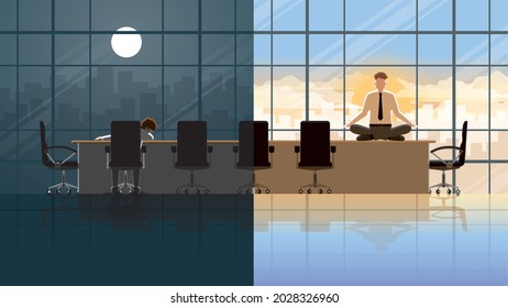 Overnight serious office people sleep in conference room at night. Wake up with peaceful mind sitting cross-legged on table in the morning. Meditation and Mindfulness to reduce stress from hard work.