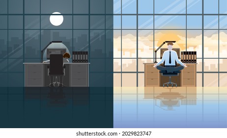 Overnight working office people sleep at night in the company. Wake up with a peaceful mind sitting cross-legged at a desk in the morning. Meditation and Mindfulness to reduce stress from hard work.