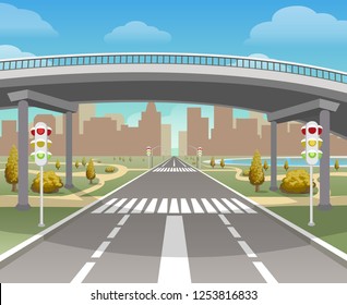 Overpass. Autobahn And Highway, Bridge And Road Highways Intersection, Motorway City And Flyover, Viaduct Vector Illustration