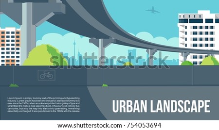 Overpass or Bridge, in City or Town Asphalt Road Cityscape in New District cool Vector Banner or Poster Vector Design Illustration with Airplane Jet in Blue Sky & Green Summer Trees Street Background