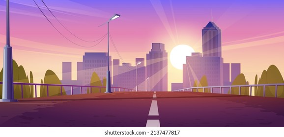 Overpass car road to city at sunset. Vector cartoon illustration of highway bridge with street lights, railings and summer cityscape with house buildings, skyscrapers, trees and sun at evening