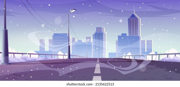 Overpass car road to city in winter. Vector cartoon illustration of cityscape, highway bridge with railings, street lights and snow, house buildings and skyscrapers on skyline and snowfall