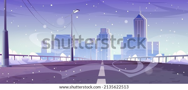 Overpass car road to city in winter. Vector\
cartoon illustration of cityscape, highway bridge with railings,\
street lights and snow, house buildings and skyscrapers on skyline\
and snowfall