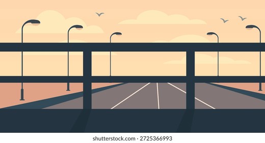 Ilustración de silueta de barandilla de paso elevado. Borde del riel en primer plano. Líneas de carretera abajo. Postes de alumbrado público en retroceso. Pájaros cruzando el cielo pastel.