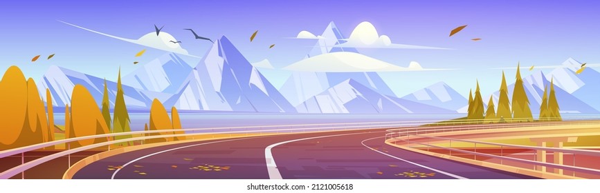 Overpass road, highway at autumn nature landscape, empty way at mountains and water bay, Two-lane asphalted turning direction and rocks perspective view, fall journey Cartoon vector illustration