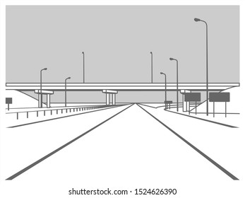 Overpass. Road Junction. The Road Goes Under The Bridge. Elevated Road. Stylized Vector Image.