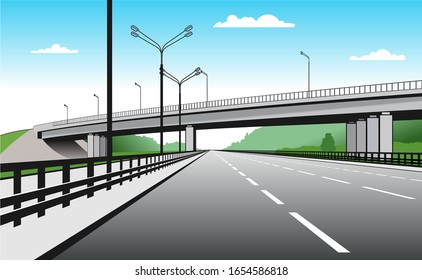 Overpass. Road Junction. The Road Goes Under The Bridge. Elevated Road. Stylized Vector Image.