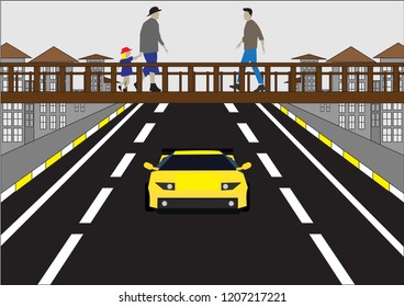 overpass vector illustration, pedestrian bridge. bridged crossing, bridged overpass,men crossing the bridge.yaya köprüsü, üst geçit, yaya geçidi kullanan çocuklar. alt geçit

