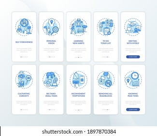 Overpassing delaying tasks habit onboarding mobile app page screen with concepts set. Beating procrastination walkthrough 5 steps graphic instructions. UI vector template with RGB color illustrations