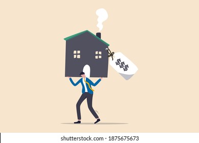 Overpay in real estate and house mortgage, too much invest or expense to pay for debt and loan in economic crisis concept, tried depressed office worker man carrying house with expensive price tag.