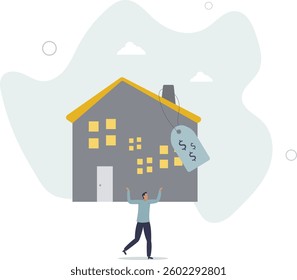 Overpay in real estate and house mortgage, too much invest or expense to pay for debt and loan in economic crisis concept.flat character life .