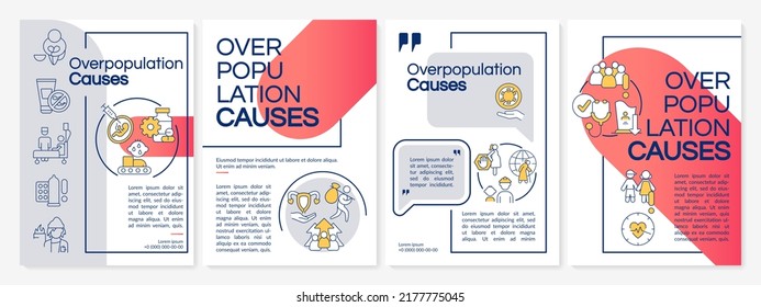 Overpopulation causes red and grey brochure template. Growth reasons. Leaflet design with linear icons. Editable 4 vector layouts for presentation, annual reports. Questrial, Lato-Regular fonts used