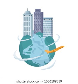 Overpopulation concept, Earth with skyscraper building on the top. Global population encrease, ecology and environment pollution. Planet in danger. Vector illustration