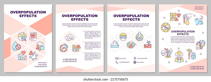Overpopulation effects pink brochure template. Global problems. Leaflet design with linear icons. Editable 4 vector layouts for presentation, annual reports. Arial-Black, Myriad Pro-Regular fonts used