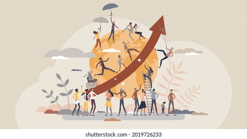 Overpopulation and human crowd density growth on earth tiny person concept. People count development and volume rising as demography statistics measurement vector illustration. Earth population scene.