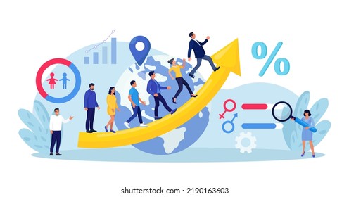 Overpopulation, human crowd density growth on earth. Demographic statistics data for population. Demography and migration. People movement. Social analysis with demographics, culture, ethnicity data