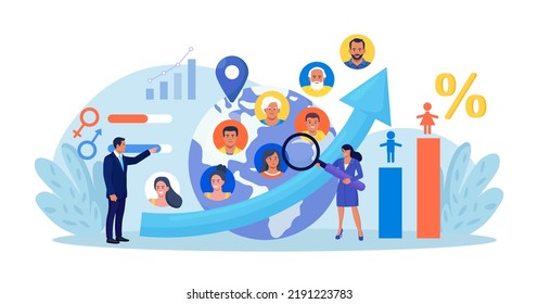 Overpopulation, human crowd density growth on earth. Demographic statistics data for population. Demography and migration. People movement. Social analysis with demographics, culture, ethnicity data