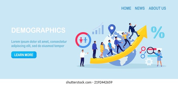 Overpopulation, human crowd density growth on earth. Demographic statistics data for population. Demography and migration. People movement. Social analysis with demographics, culture, ethnicity data