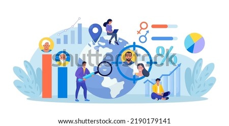Overpopulation, human crowd density growth on earth. Demographic statistics data for elderly people. Sociology. Demography, migration. Scientist studying population growth, analyze demographics data