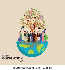 "Overpopulation threatens our planet in this striking illustration: young professionals stand on Earth, as people tumble from an overburdened tree. small trees emphasize the urgent need for balance.