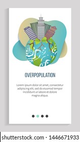Overpopulation vector, planet Earth with tall skyscrapers buildings of modern cities and towns, roots of trees and ground continents and oceans isolated. Earth day. Slider for ecology app, save planet