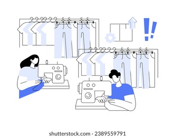 Ilustración vectorial de concepto abstracto de sobreproducción. Trabajadores de fábrica cosiendo mucha ropa, problemas ecológicos, sobreconsumo de recursos, sobreproducción de bienes, metáfora abstracta.