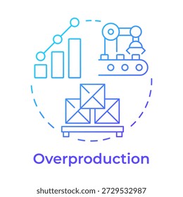 Icono de concepto de degradado azul de sobreproducción. Automatización logística, rendimiento de fabricación. Cadena de suministro. Ilustración de línea de forma redonda. Abstractas idea. Diseño gráfico. Fácil de usar en el artículo