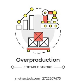 Overproduction multi color concept icon. Logistics automation, manufacturing performance. Supply chain. Round shape line illustration. Abstract idea. Graphic design. Easy to use in article