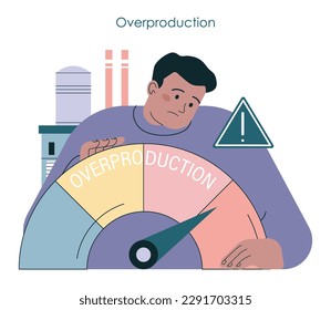 Overproduction and overconsumption concept set. Global ecological crisis. Oversupply of goods and fast fashion effect. CO2 emission and planet pollution problem. Flat vector illustration