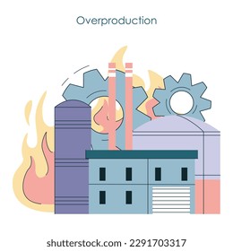 Overproduction and overconsumption concept set. Global ecological crisis. Oversupply of goods and fast fashion effect. CO2 emission and planet pollution problem. Flat vector illustration