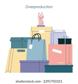 Conjunto de conceptos de sobreproducción y sobreconsumo. Crisis ecológica global. Sobreoferta de bienes y efecto rápido de la moda. Emisiones de CO2 y problema de contaminación del planeta. Ilustración vectorial plana