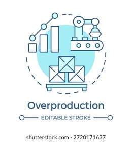 Icono de concepto azul suave de sobreproducción. Automatización logística, rendimiento de fabricación. Cadena de suministro. Ilustración de línea de forma redonda. Abstractas idea. Diseño gráfico. Fácil de usar en el artículo