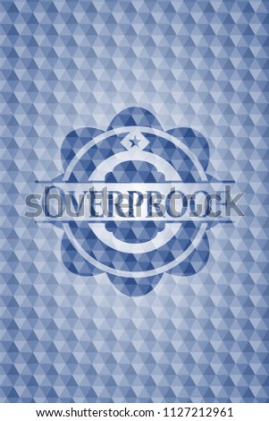 Overproof blue emblem or badge with geometric pattern background.