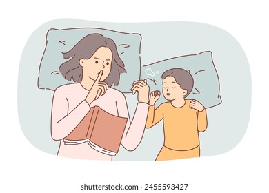 Overprotection from mother making gesture of silence, lying in bed with sleeping child, after reading fairy tales. Young girl demonstrates overprotection when raising son, wanting to keep baby slumber