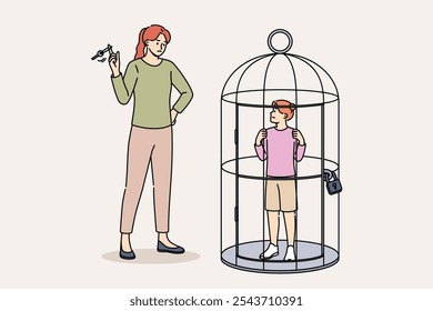 Overprotection and violence against children from woman standing near small cage with daughter. Problem of overprotection causing stress and depression in child, victims of bad parents