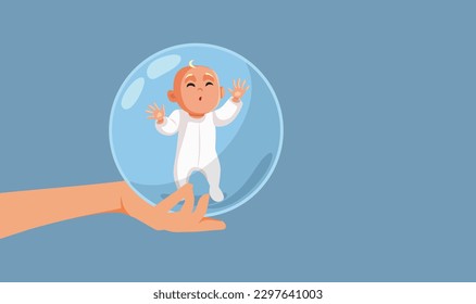 
Overprotective Parent Holding the Baby in a Bubble in her Hand Vector Cartoon. Mother trying to keep her infant safe from the outside world 
