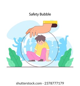 Overprotective parenting. Child enclosed in a clear bubble by a parental hand, symbolizing overprotection, as he longs for outside interactions. Excessive care idea. Flat vector illustration