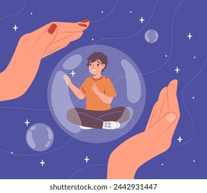 Overprotective parenting concept. Boy in bubble near big mother hands. Bad relationship between parent and kid. Mental problems. Cartoon flat vector illustration isolated on blue background