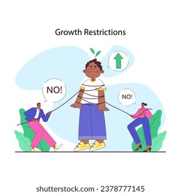 Overprotective parenting. Constrained child with growth aspirations, stopped by parents holding him back. Anxious mother and father, worried about their son. Flat vector illustration